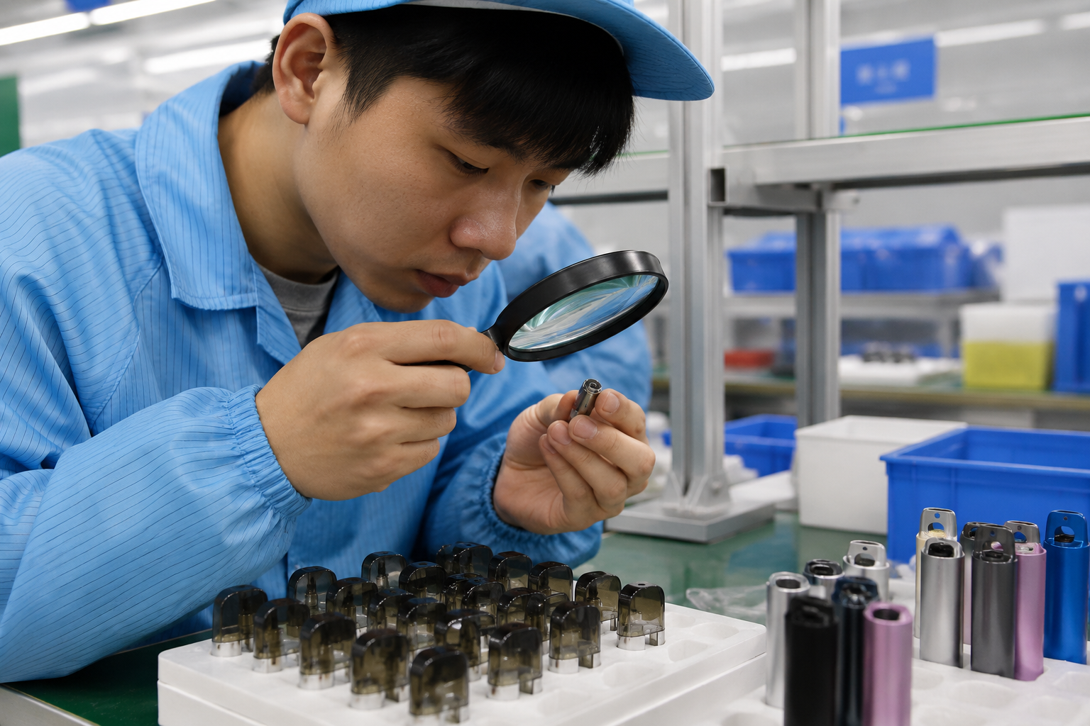 Vape Manufacturing Quality Control An image showing a factory worker inspecting small vape components with a magnifying glass.